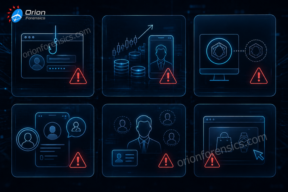 Online brand threats including phishing fake investment scams trademark misuse and fraudulent advertisements ความเสี่ยงด้านชื่อเสียงออนไลน์จากเว็บไซต์ปลอม บัญชีโซเชียลปลอม และเนื้อหาหลอกลวง